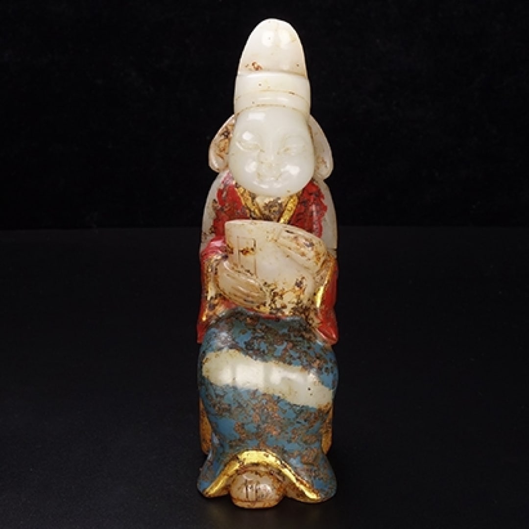 A Exquisite Gilt Bronze Inlaid Hotan Jade Painted Color Figures Ornament: A Exquisite Gilt Bronze Inlaid Hotan Jade Painted Color Figures Ornament,Han Dynasty, China,Size:2inx1.6inx5.1in ,Weight:321g 铜鎏金嵌和田玉彩绘&#