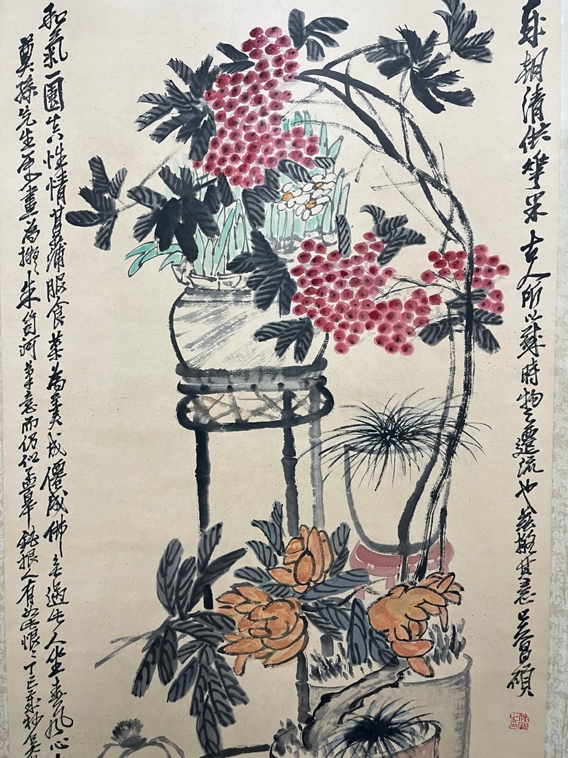 A Chinese Vertical Scroll Ink Painting of Flower on Paper - 3