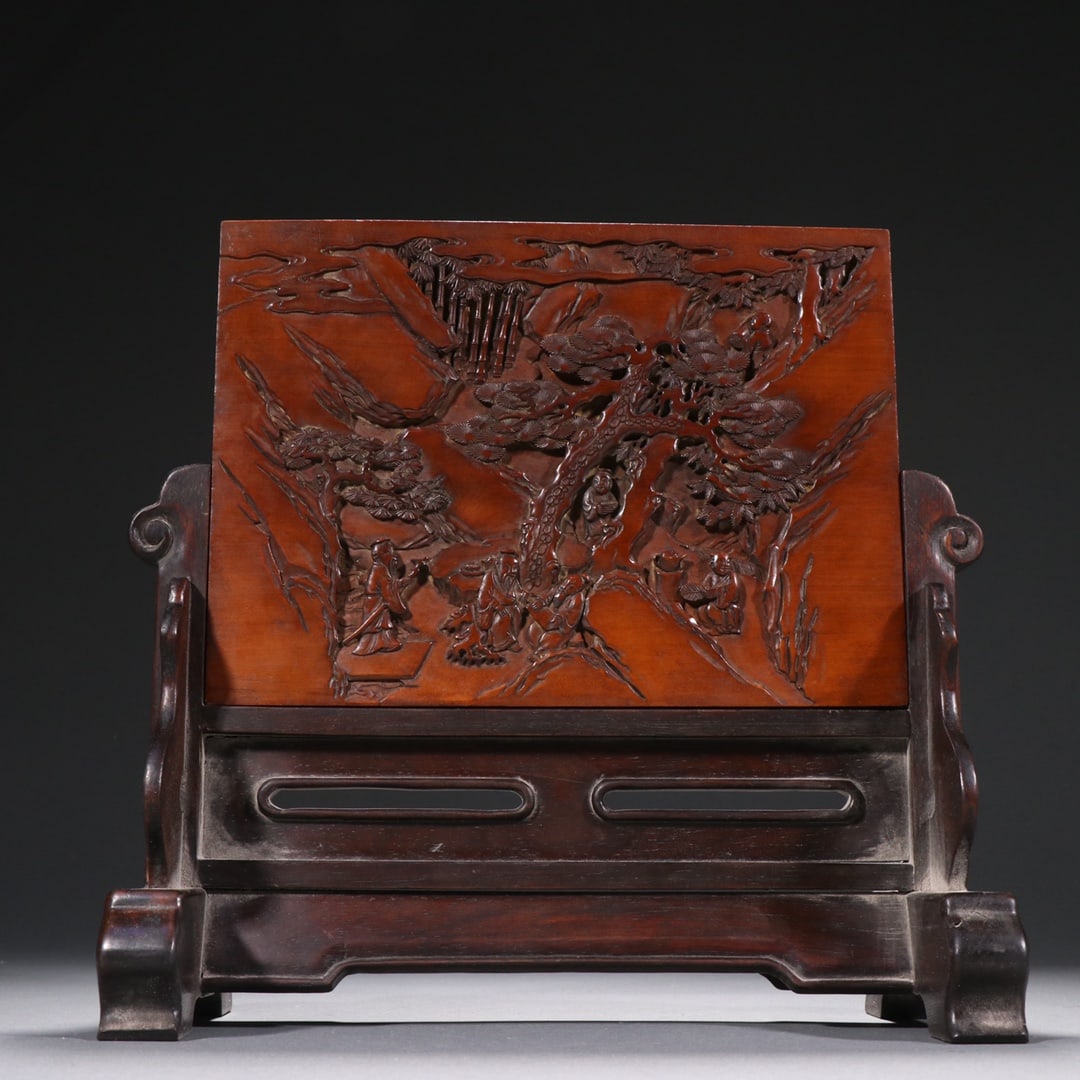 A Exquisite Boxwood Character and Story Pattern Table Screen: A Exquisite Boxwood Character and Story Pattern Table Screen,Qing Dynasty, China,Size:5.2inx5.2in,Weight:747g 黄杨木人物故事纹插屏,中&