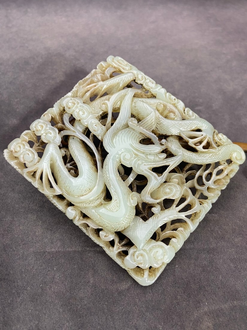 A Exquisite Hotan Jade Dragon Pattern Inlaid Panel - 3