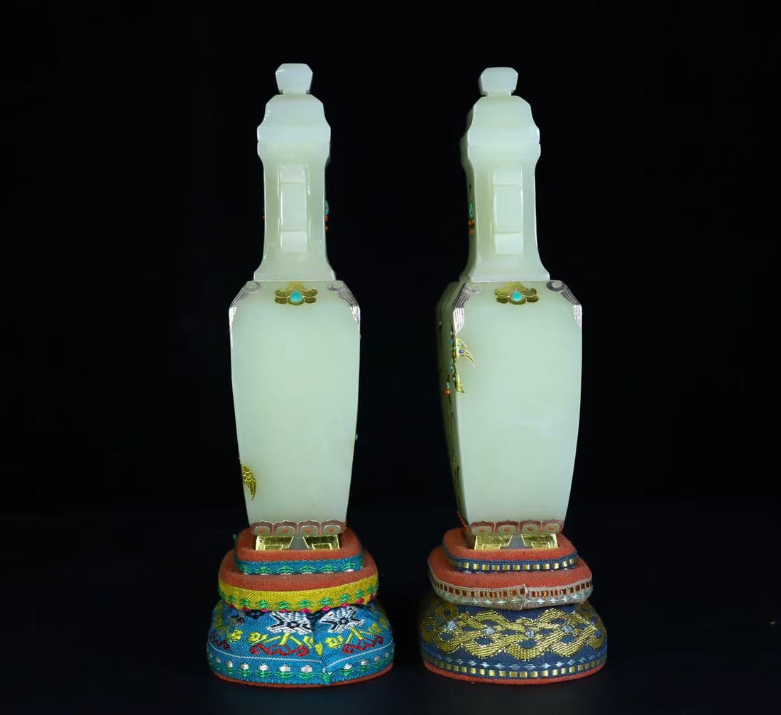 A pair of Exquisite Hotan Jade Cover with Gold Flower Pattern Vase - 10