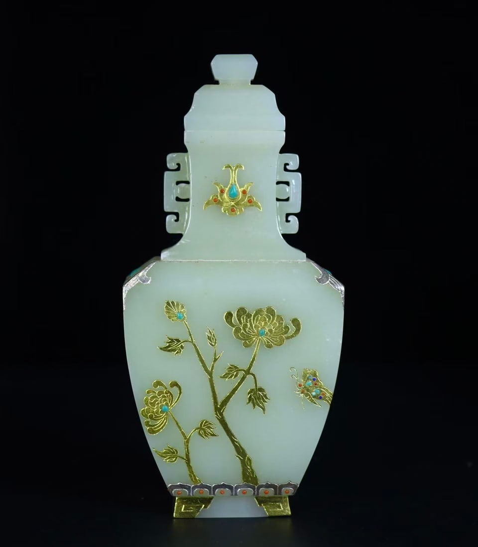 A pair of Exquisite Hotan Jade Cover with Gold Flower Pattern Vase - 5