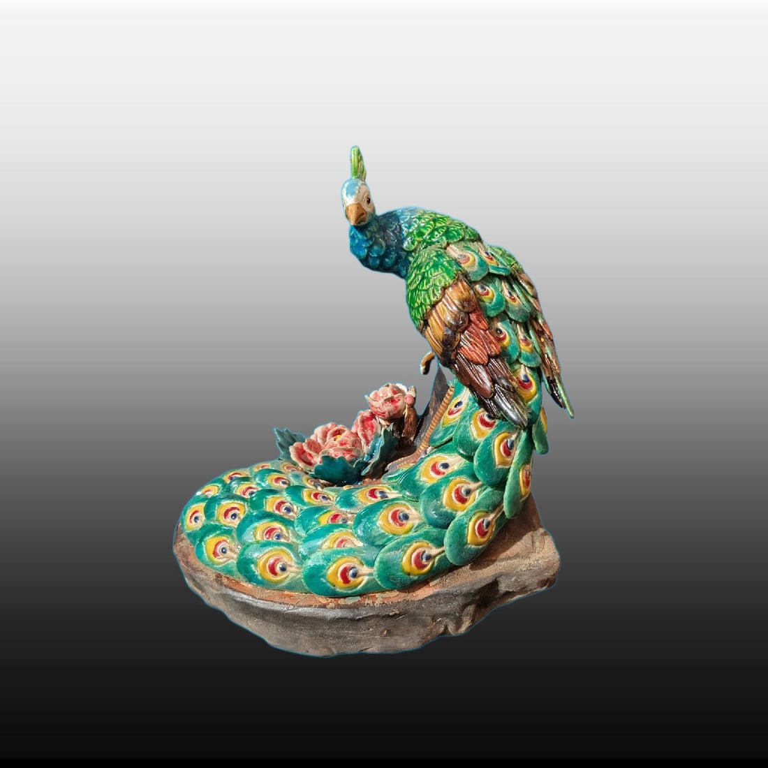A Exquisite Shiwan Porcelain Peacock Ornament: A Exquisite Shiwan Porcelain Peacock Ornament,Qing Dynasty, China,With Mark,Size:9.8inx7.5inx11in 石湾瓷孔雀摆件,中国清代,带