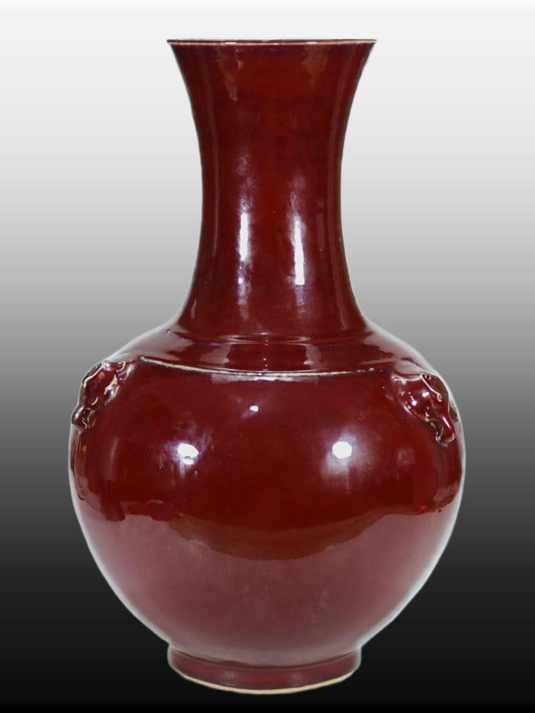 A Exquisite Flambe Glazed Beast-Ears Vase: A Exquisite Flambe Glazed Beast-Ears Vase,Qing Dynasty, China,Yongzheng Four-character Mark,Size:19.2inx6.5in 窑变釉兽耳瓶,中国清代,雍