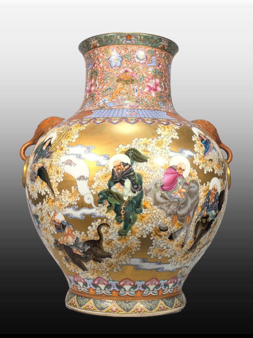 A Exquisite Famille-Rose Gold Ground Character and Story Pattern Elephant-Ears Vase: A Exquisite Famille-Rose Gold Ground Character and Story Pattern Elephant-Ears Vase,Qing Dynasty, China,Qianlong Four-character Mark,Size:26.2inx10.4inx21.7inx11.8in 粉彩金地&#