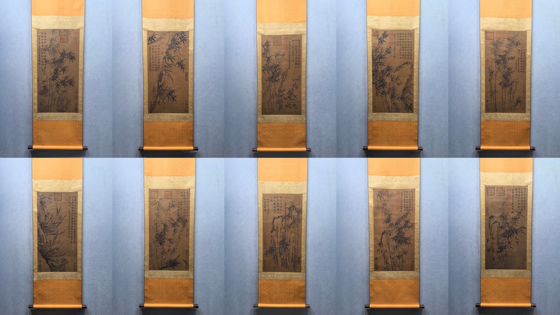 A Set of Ten Chinese Vertical Scroll Ink Paintings of Bamboo on Silk: A Set of Ten Chinese Vertical Scroll Ink Paintings of Bamboo on Silk,Song Dynasty, China,Su Shi,without frame size:17inx33.8in