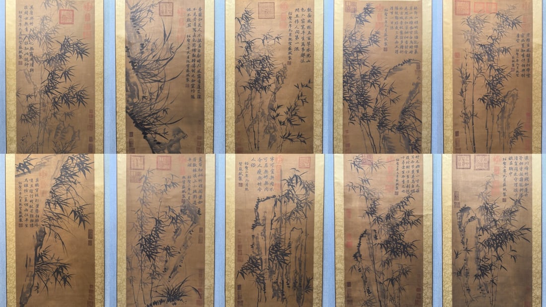 A Set of Ten Chinese Vertical Scroll Ink Paintings of Bamboo on Silk - 2