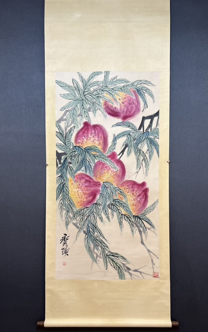 A Chinese Vertical Scroll Ink Painting of Peach on Paper: A Chinese Vertical Scroll Ink Painting of Peach on Paper,Modern Time of China,Qi Baishi,without frame size:26.8inx53.5in