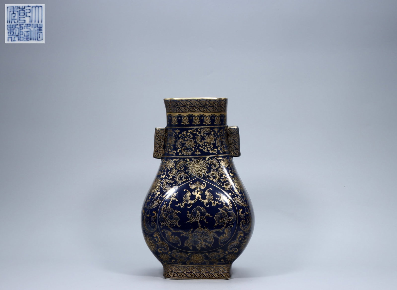 A Exquisite Ji Blue Glazed Painted Gold Double-Ears Vase: A Exquisite Ji Blue Glazed Painted Gold Double-Ears Vase,Qing Dynasty, China,Qianlong Six-character Mark,Size:12.4inx8.1in,Weight:3663g
