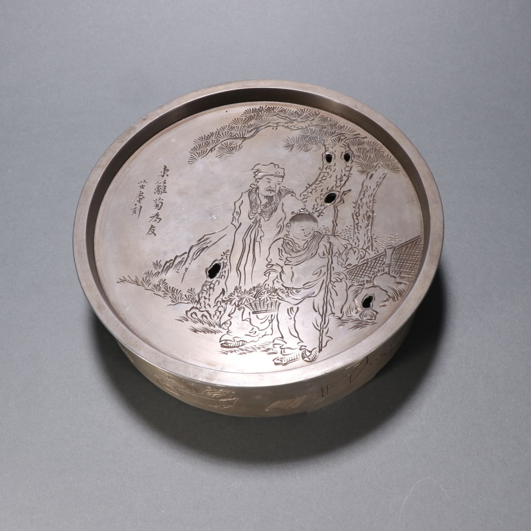 A Exquisite Tin Carving Character and Story Pattern Tea Tray: A Exquisite Tin Carving Character and Story Pattern Tea Tray,Qing Dynasty, China,With Mark,Size:7.9inx2.4in,Weight:1852.6g 锡刻人物故事纹壶承,