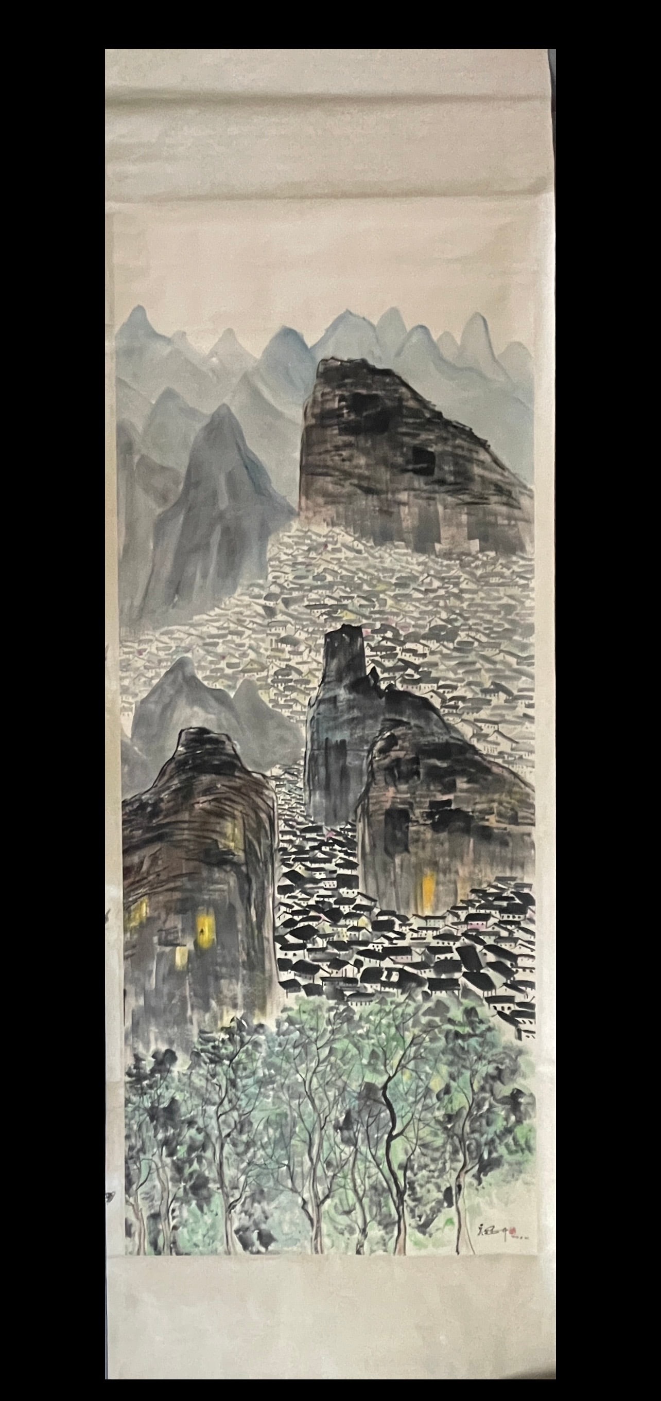 A Chinese Vertical Scroll Ink Painting of Landscape on Paper: A Chinese Vertical Scroll Ink Painting of Landscape on Paper,Modern Time of China,Wu Guanzhong,withoutframesize:55.1inx141.7in 一幅中国水墨纸本山&