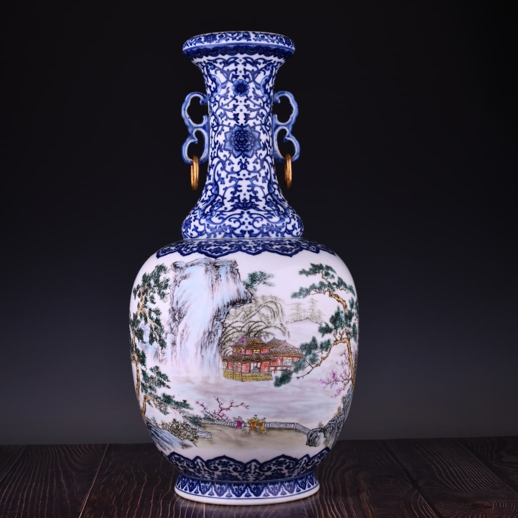 A Exquisite Blue and White Famille-Rose Landscape Pattern Double-Ears Vase: A Exquisite Blue and White Famille-Rose Landscape Pattern Double-Ears Vase,Qing Dynasty, China,Qianlong Six-character Mark,Size:21.7inx9.8in 青花粉彩山水纹