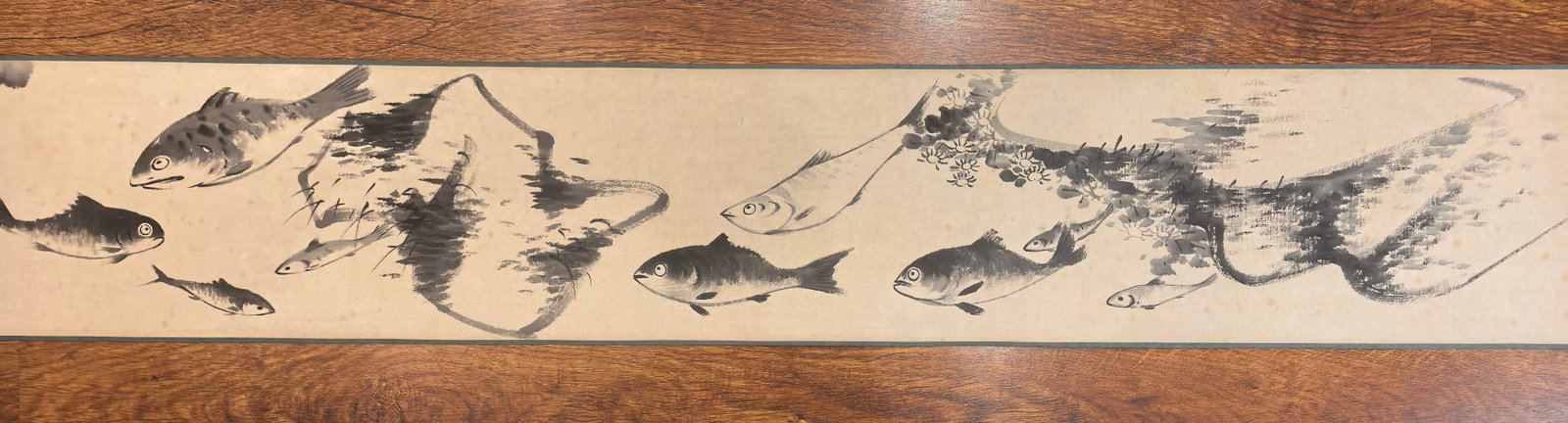 A Chinese Hand Scroll Ink Painting of Fish and Lotus on Paper - 2