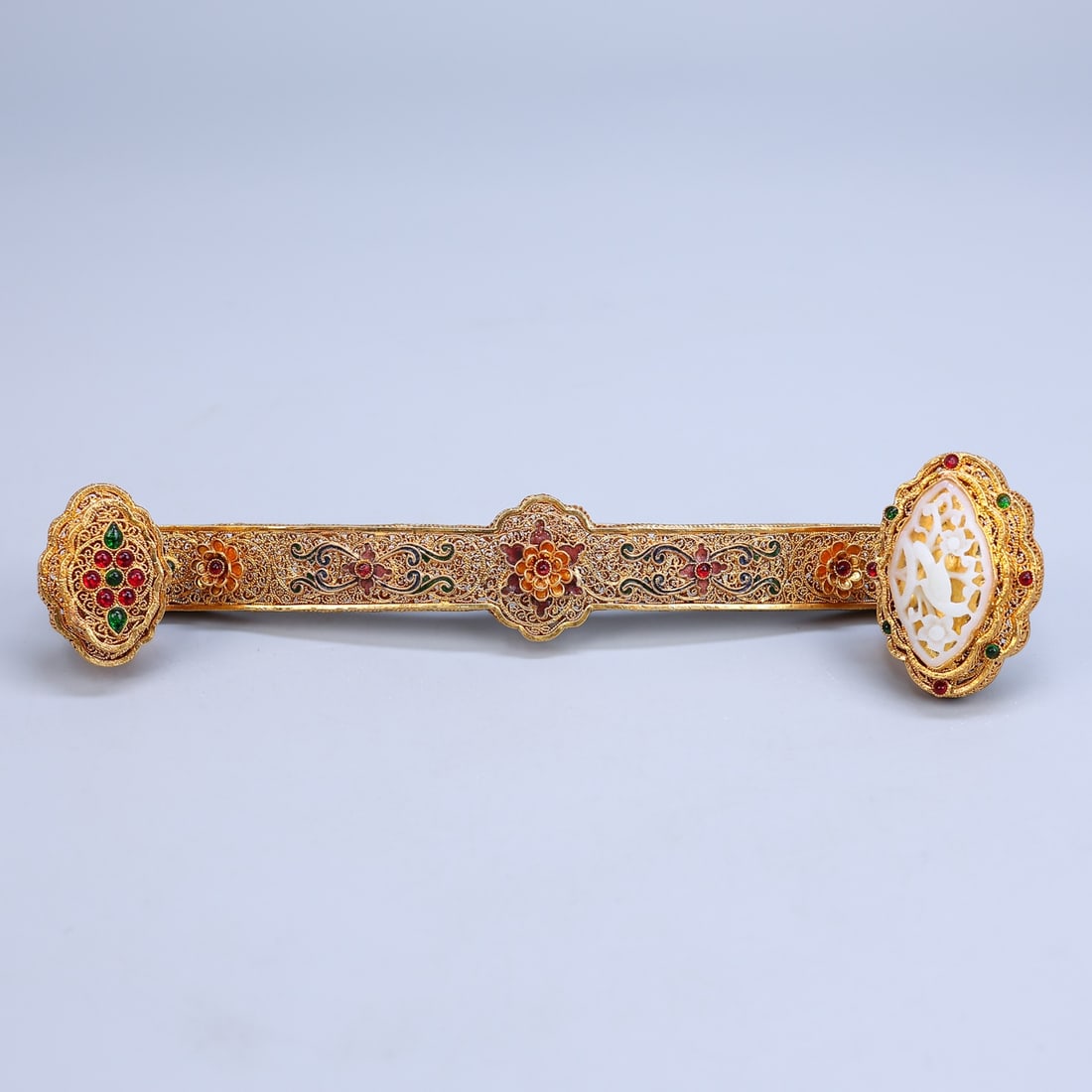A Exquisite Cloisonné Inlaid Hotan Jade Ruyi: A Exquisite Cloisonné Inlaid Hotan Jade Ruyi ,Qing Dynasty, China,Qianlong Four-character Mark,Size:9.8inx2.4in ,Weight:170g