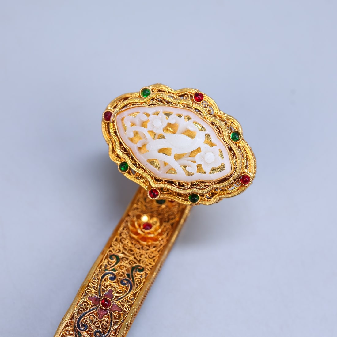 A Exquisite Cloisonné Inlaid Hotan Jade Ruyi - 3