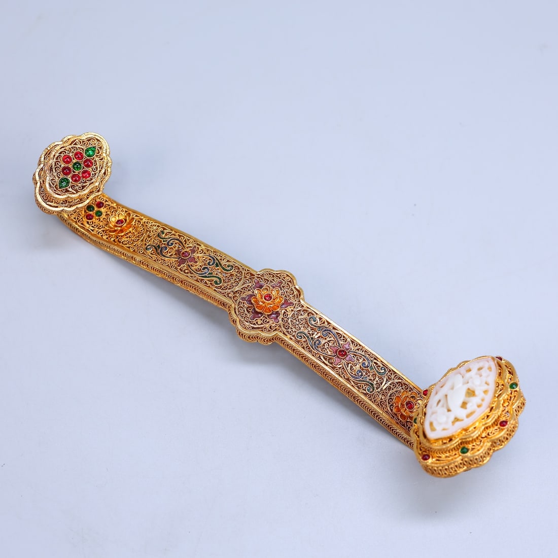 A Exquisite Cloisonné Inlaid Hotan Jade Ruyi - 7