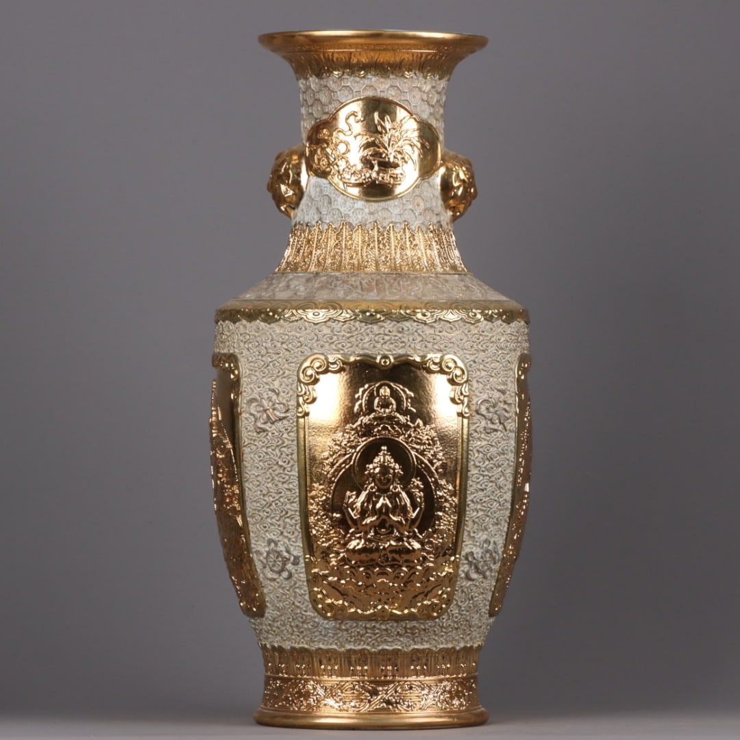 A Exquisite Guan yao Gilt Buddha Pattern Elephant-Ears Vase - 3
