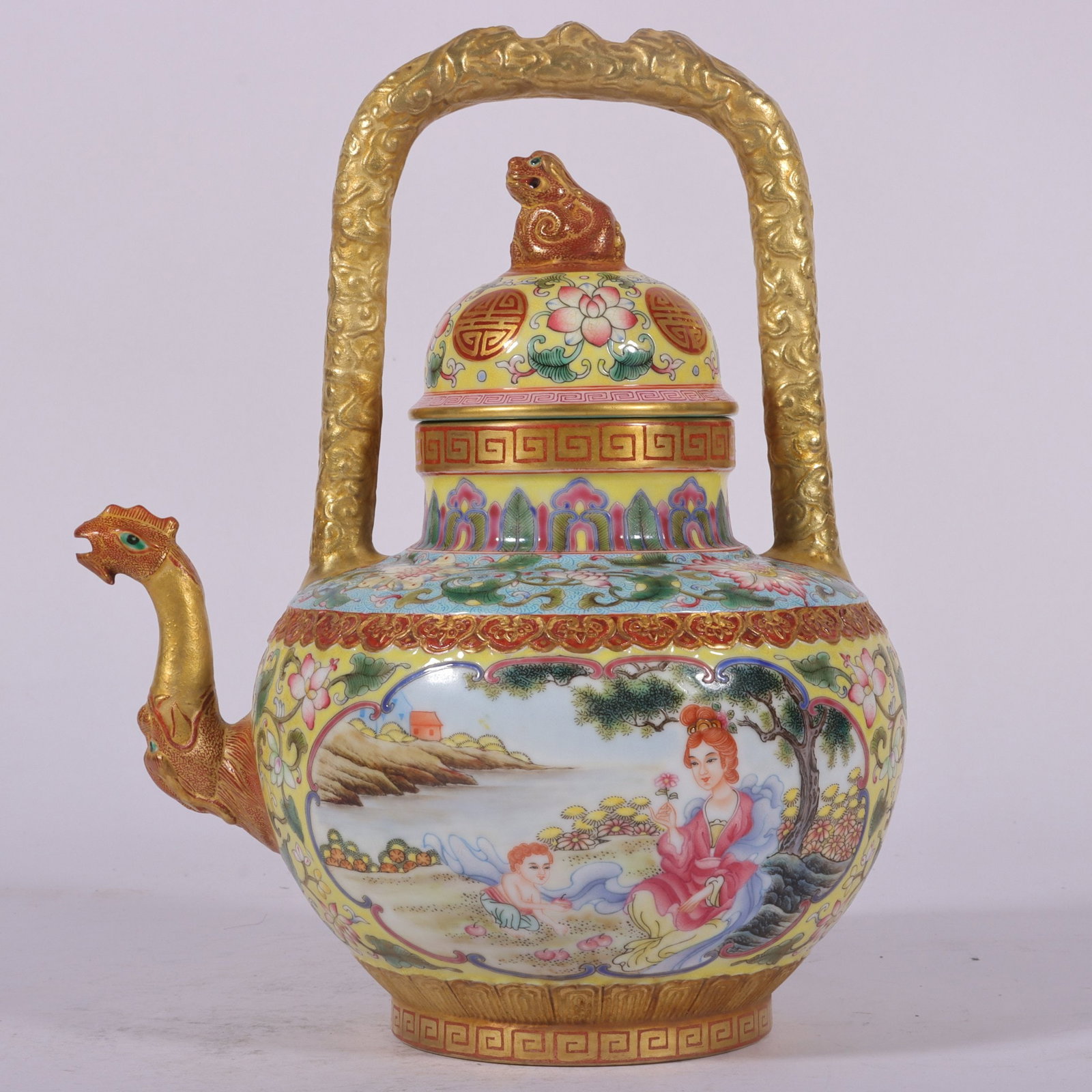 A Exquisite Enamel Yellow Ground Lotus Figures Pattern Ewer: A Exquisite Enamel Yellow Ground Lotus Figures Pattern Ewer,Qing Dynasty, China,Qianlong Four-character Mark,Size:8.7inx2.6inx5.1inx3.1in 珐琅彩黄地缠枝ഫ
