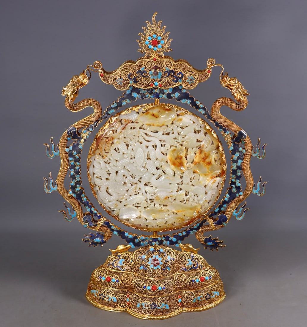 A Exquisite Filigree Gilt Inlaid Hotan Jade Dragon Screen - 2
