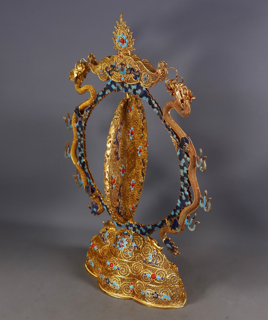 A Exquisite Filigree Gilt Inlaid Hotan Jade Dragon Screen - 3