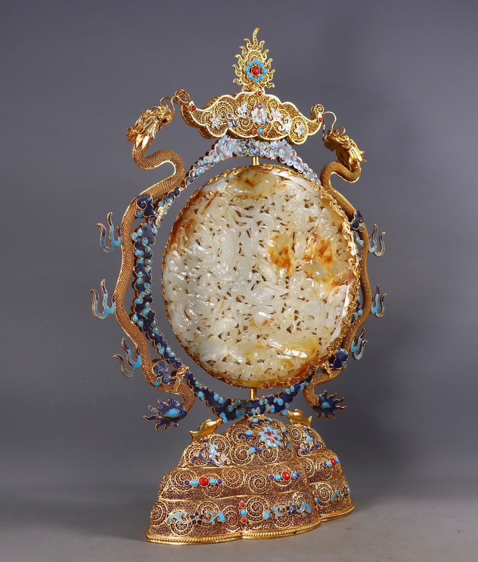 A Exquisite Filigree Gilt Inlaid Hotan Jade Dragon Screen - 4