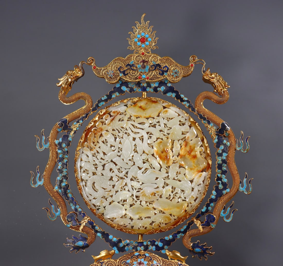 A Exquisite Filigree Gilt Inlaid Hotan Jade Dragon Screen - 5