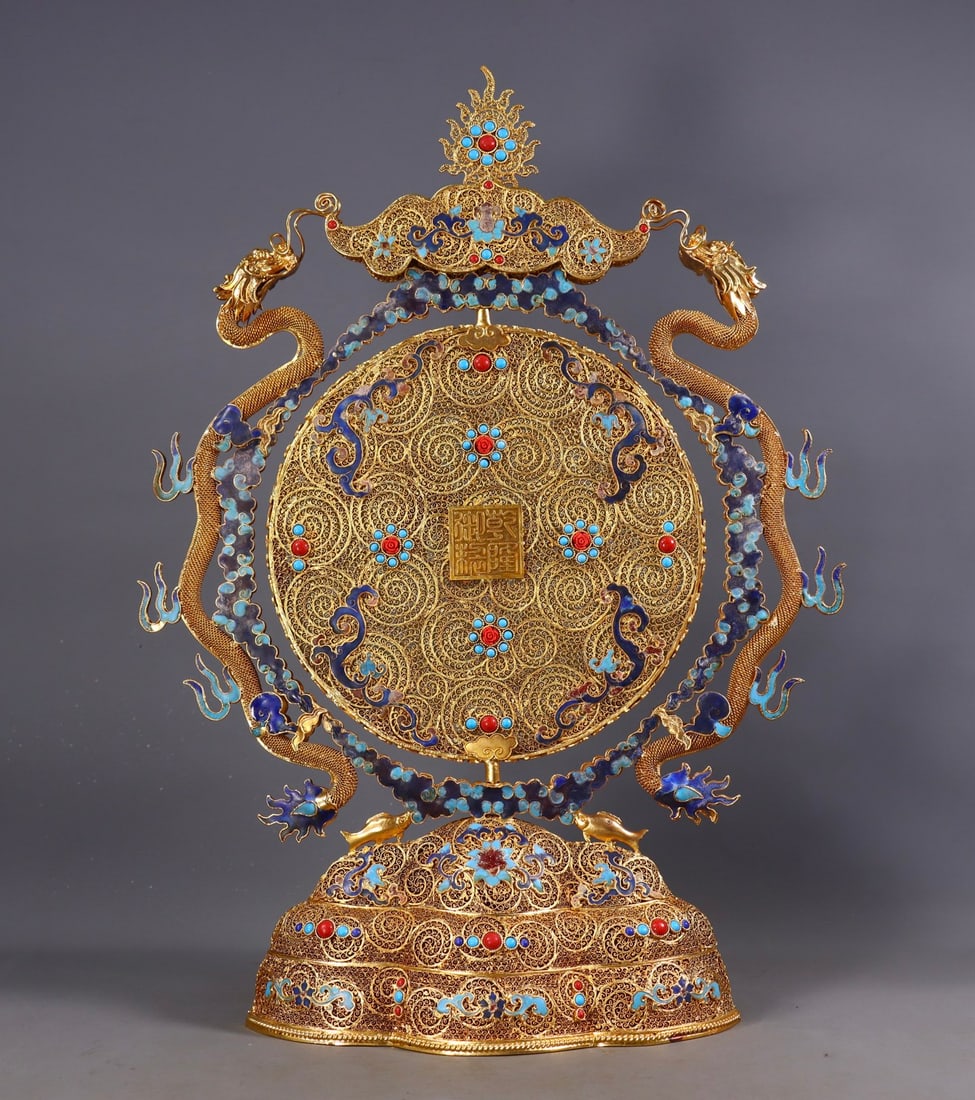 A Exquisite Filigree Gilt Inlaid Hotan Jade Dragon Screen - 8