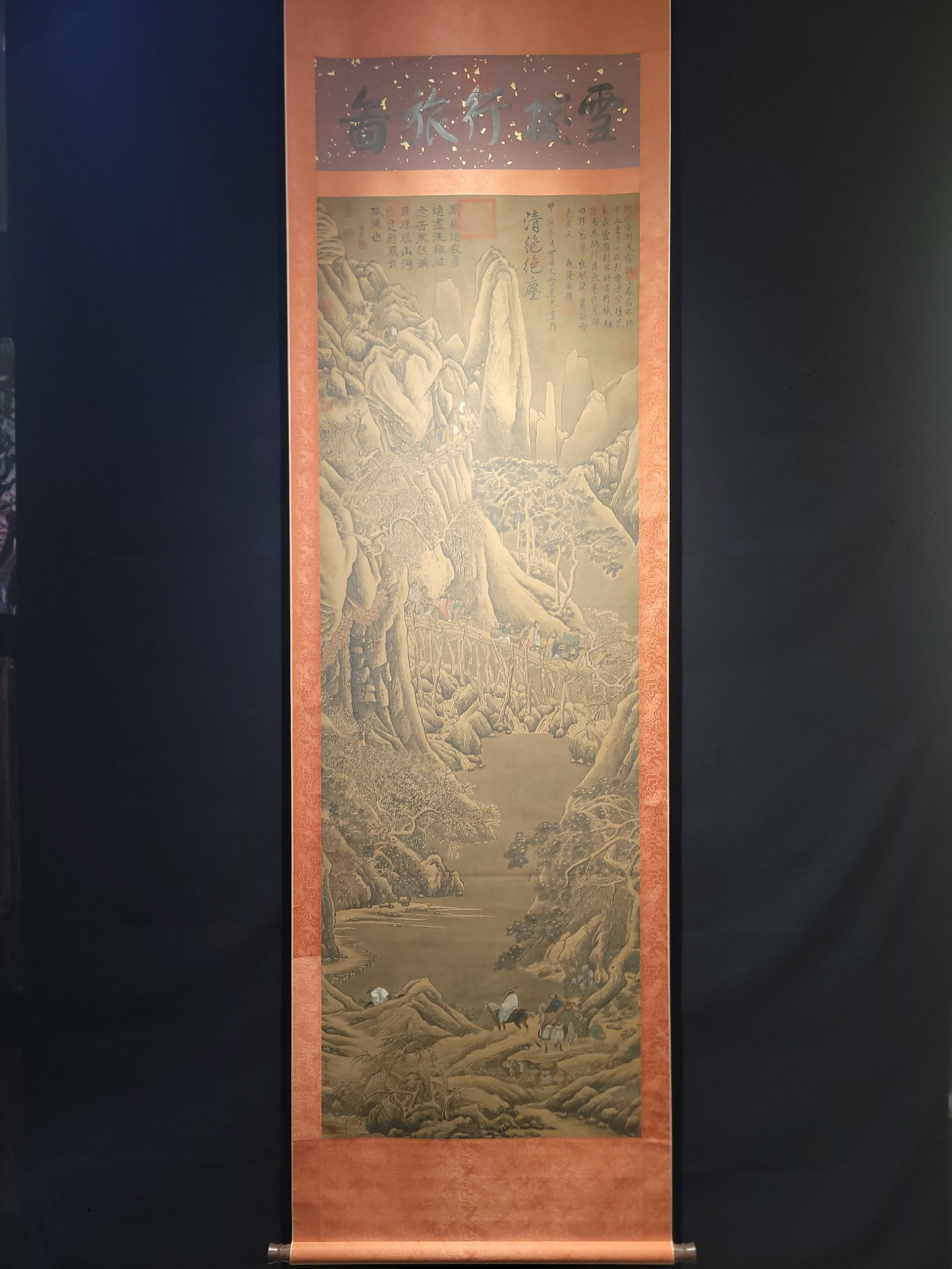 A Chinese Vertical Scroll Ink Painting of Landscape on Silk: A Chinese Vertical Scroll Ink Painting of Landscape on Silk,Ming Dynasty, China,Qiu Ying,without frame size:25.6inx75.2in