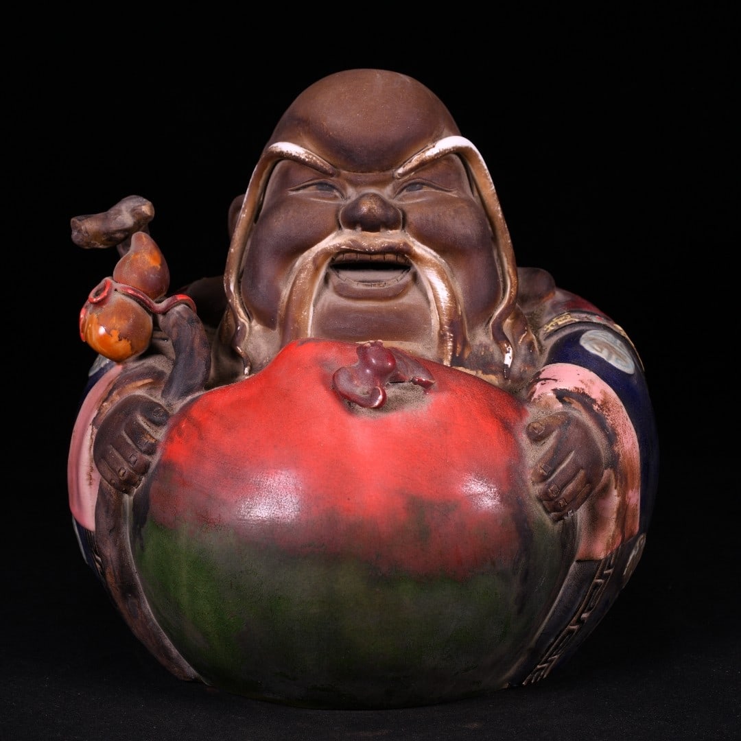 A Exquisite Shiwan Yao God of Longevity Ornament: A Exquisite Shiwan Yao God of Longevity Ornament,Qing Dynasty, China,Size:8.7inx9.1in 石湾窑寿星摆件,中国清代