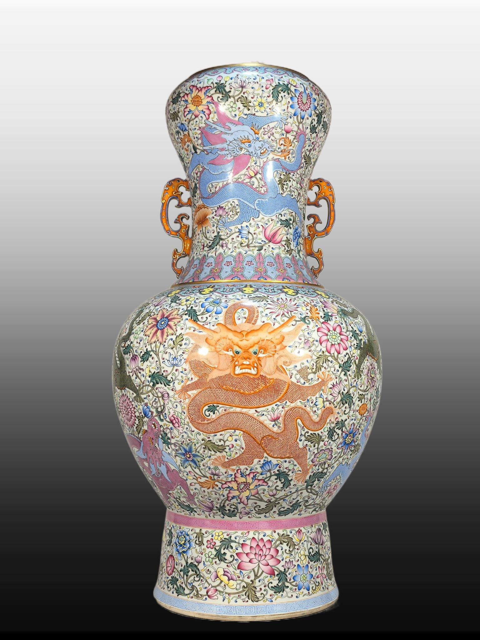 A Exquisite Famille-Rose Lotus Pattern Dragon-Ears Vase: A Exquisite Famille-Rose Lotus Pattern Dragon-Ears Vase,Qing Dynasty, China,Qianlong Six-character Mark,Size:34.6inx8.5inx19.7inx11.8in 粉彩缠枝莲纹龙耳