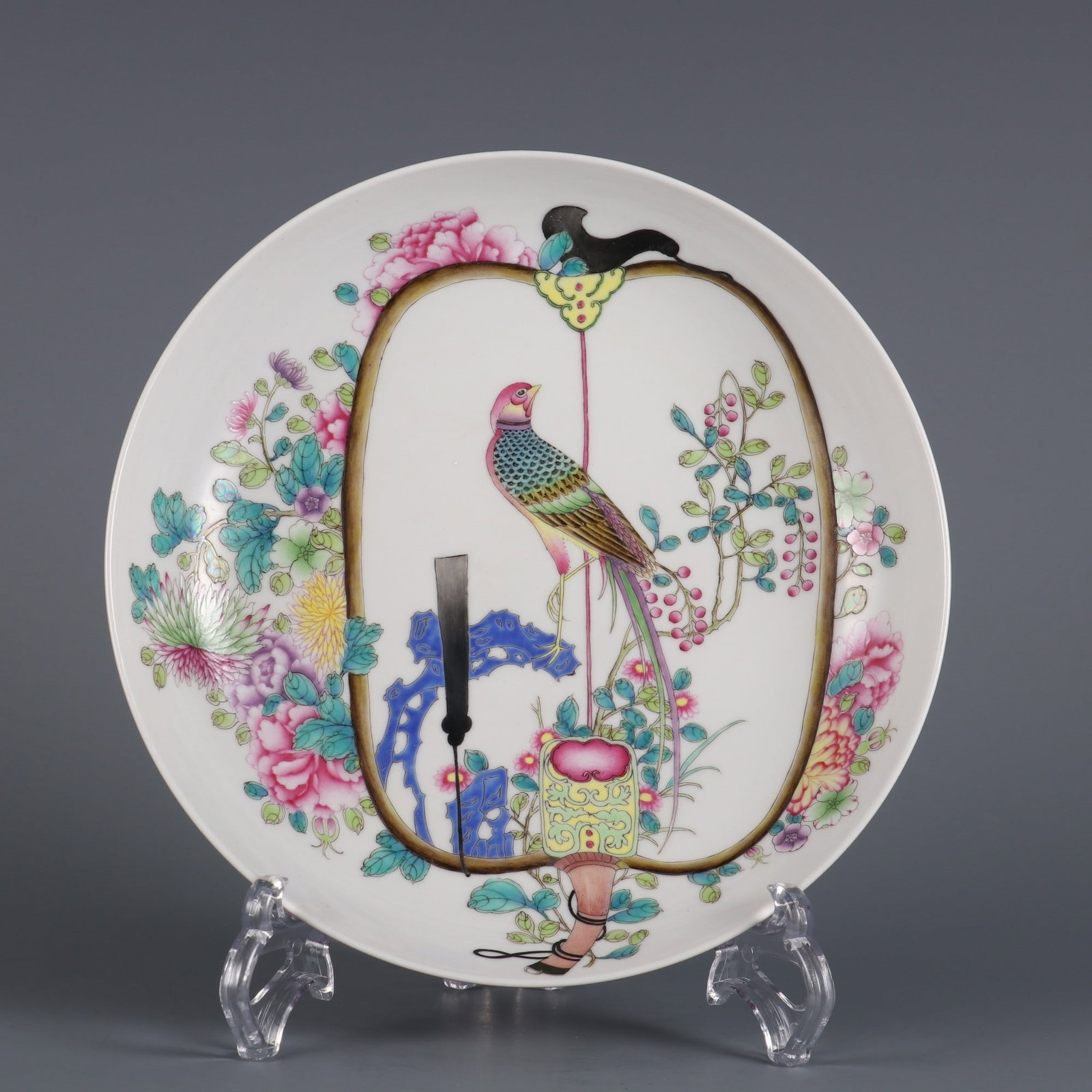 A Exquisite Ruby Red-Glazed Famille-Rose Flower and Bird Pattern Plate: A Exquisite Ruby Red-Glazed Famille-Rose Flower and Bird Pattern Plate,Qing Dynasty, China,Yongzheng Four-character Mark,Size:1.7inx7.9in