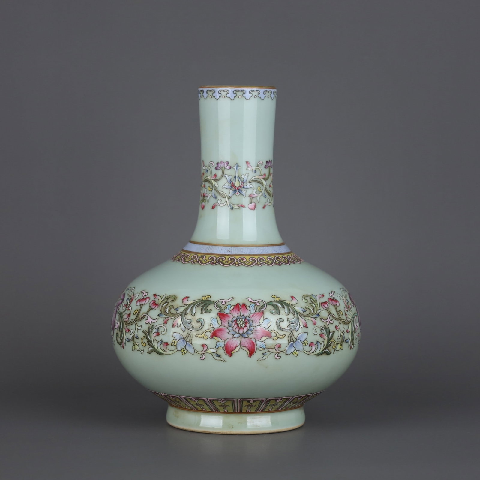 A Exquisite Sky Blue Glazed Famille-Rose Flower Pattern Vase: A Exquisite Sky Blue Glazed Famille-Rose Flower Pattern Vase,Qing Dynasty, China,Size:8.6inx6.3in