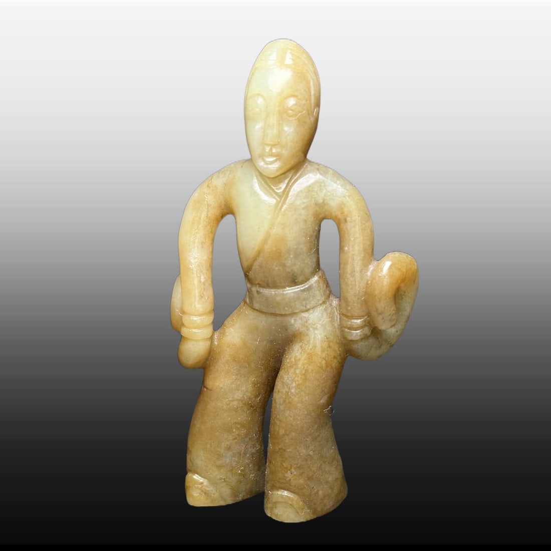A Exquisite Hotan Jade Human shape Ornament: A Exquisite Hotan Jade Human shape Ornament,Han Dynasty, China,Size:3.6inx1.8inx0.7in, Weight:75g 和田玉人形摆件,中国汉代