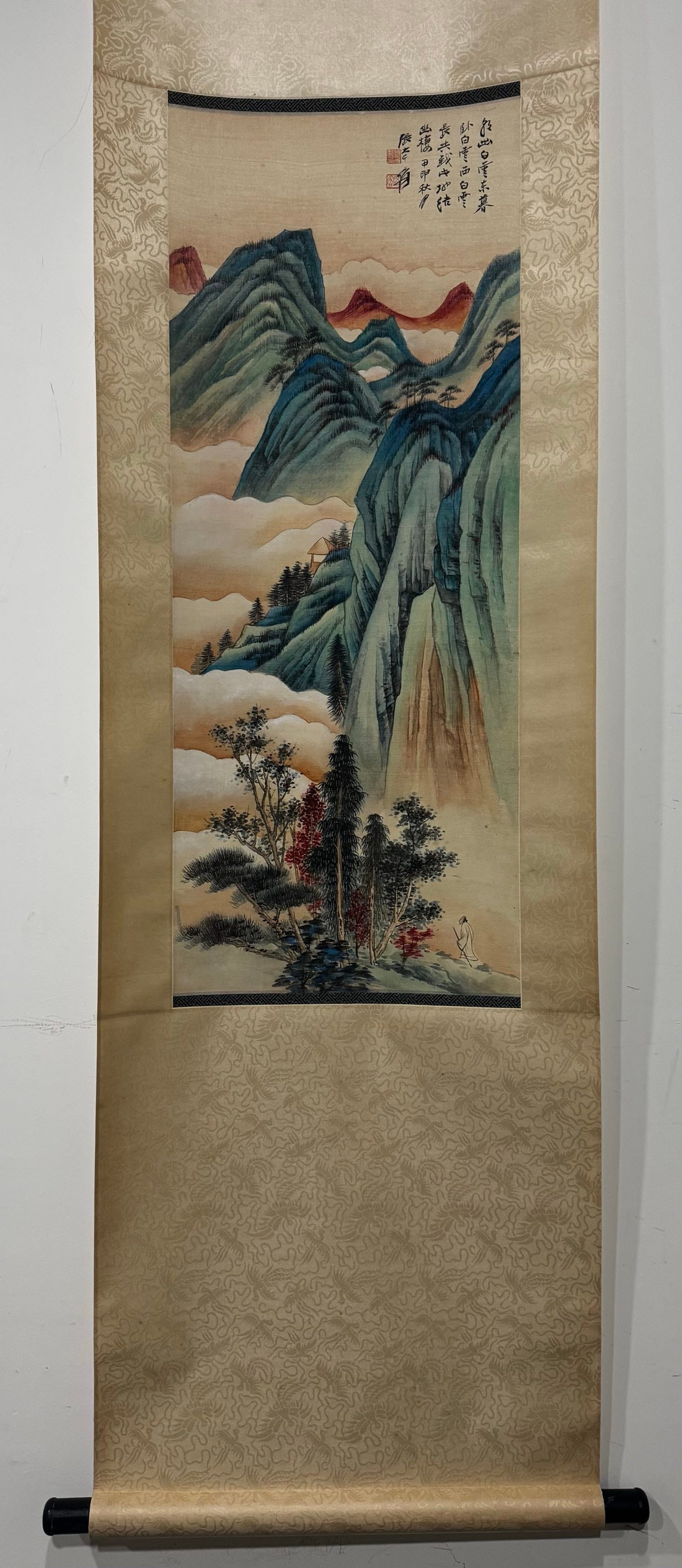 A Chinese Vertical Scroll Ink Painting of Landscape on Paper: A Chinese Vertical Scroll Ink Painting of Landscape on Paper,Modern Time of China,Zhang Daqian,without frame size:34.3inx13.8in