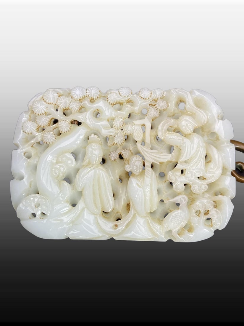 A Exquisite Hotan Jade Pine and Crane Pattern Inlaid Panel: A Exquisite Hotan Jade Pine and Crane Pattern Inlaid Panel,Liao Dynasty, China,Size:4.1inx2.9inx0.5in ,Weight:181g