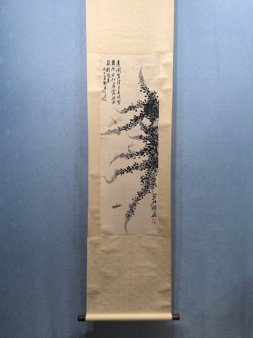 A Chinese Vertical Scroll Ink Painting of Grass and Insect on Paper: A Chinese Vertical Scroll Ink Painting of Grass and Insect on Paper,Modern Period of China,Qi Baishi,without frame size:13.3inx40.6in