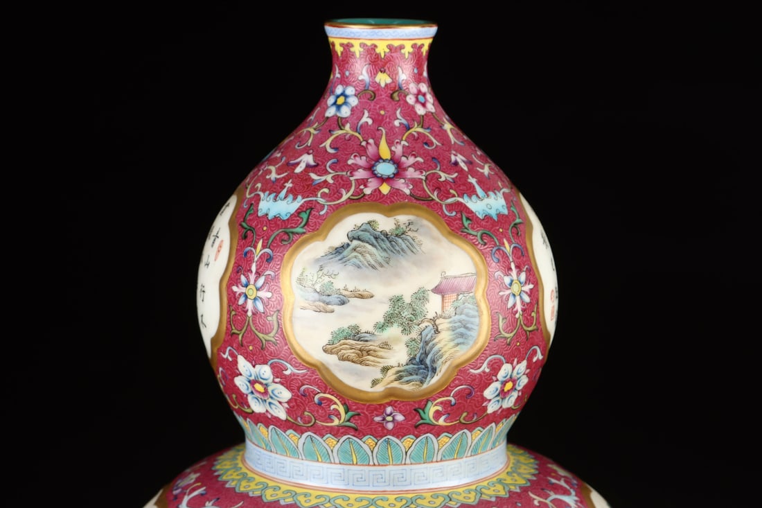 A Exquisite Ruby Red-Glazed Landscape Pattern Gourd Vase - 5