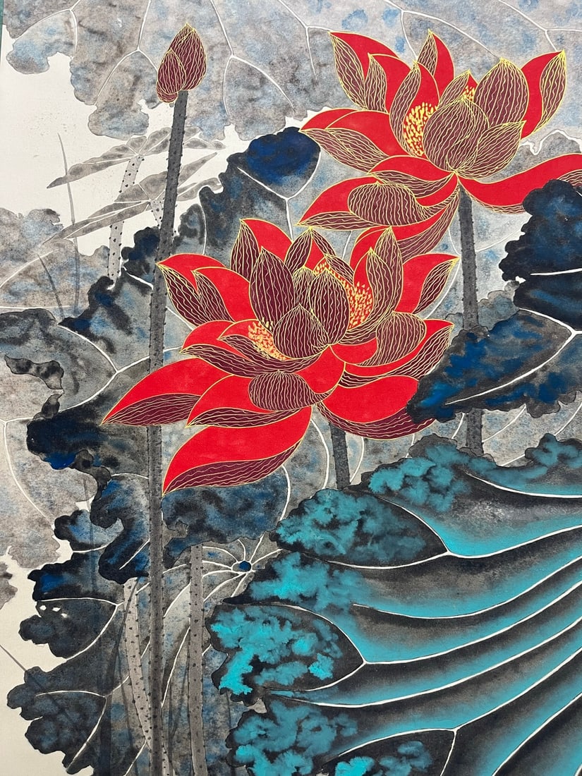 A Chinese Vertical Scroll Ink Painting of Flower on Paper - 4