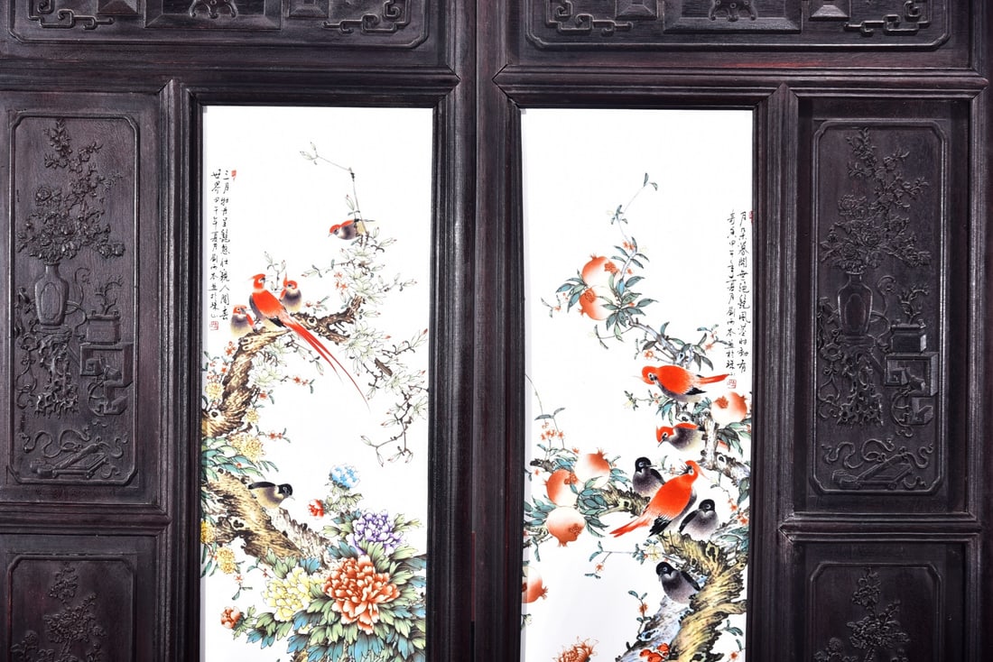 A Set of Exquisite Red wood Famille-Rose Flower and Bird Porcelain Plate Hanging Panel - 10