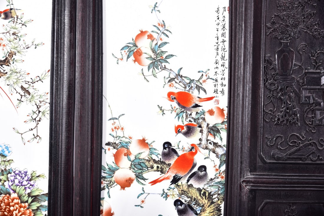 A Set of Exquisite Red wood Famille-Rose Flower and Bird Porcelain Plate Hanging Panel - 12