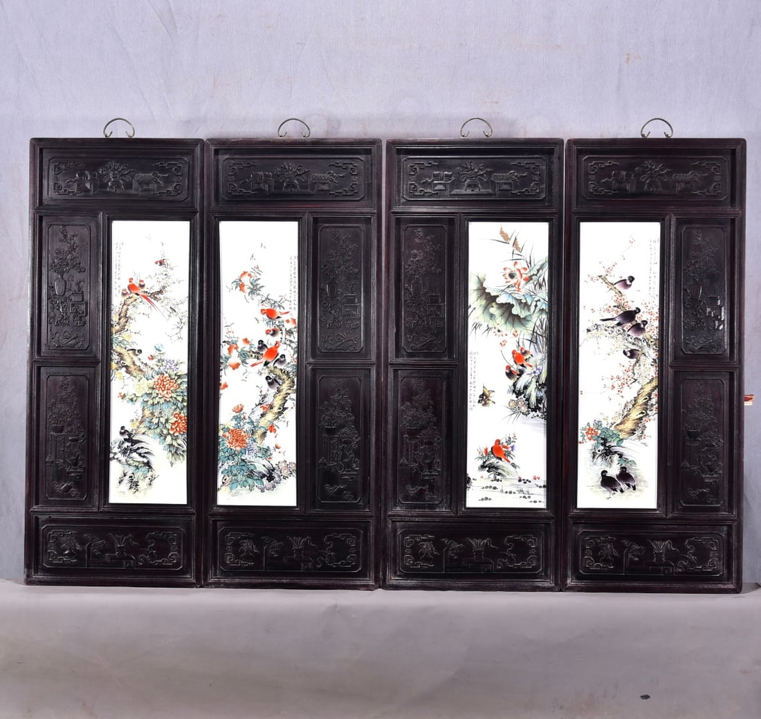 A Set of Exquisite Red wood Famille-Rose Flower and Bird Porcelain Plate Hanging Panel: A Set of Exquisite Red wood Famille-Rose Flower and Bird Porcelain Plate Hanging Panel,Republic of China,With Mark,Size:44.1inx16.5inx4 一套红木粉彩花鸟