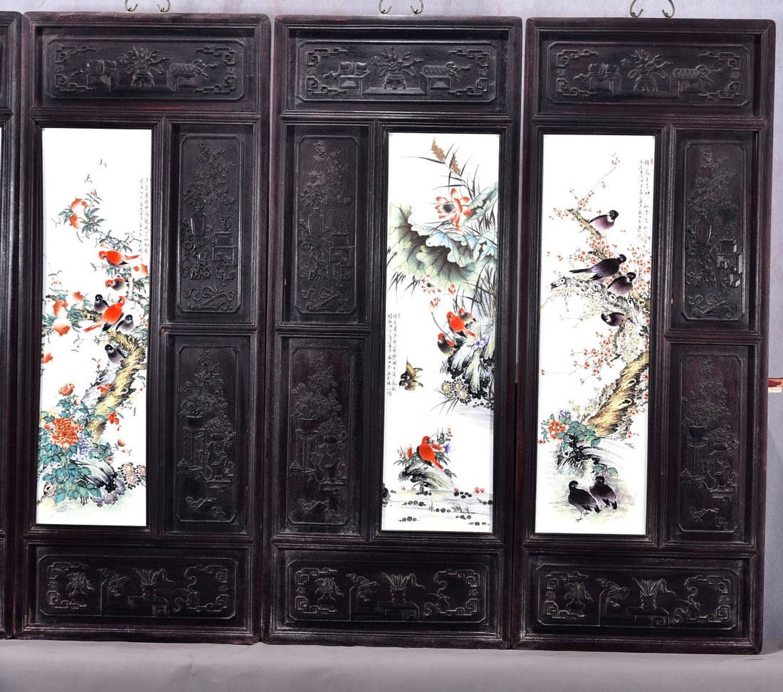 A Set of Exquisite Red wood Famille-Rose Flower and Bird Porcelain Plate Hanging Panel - 2