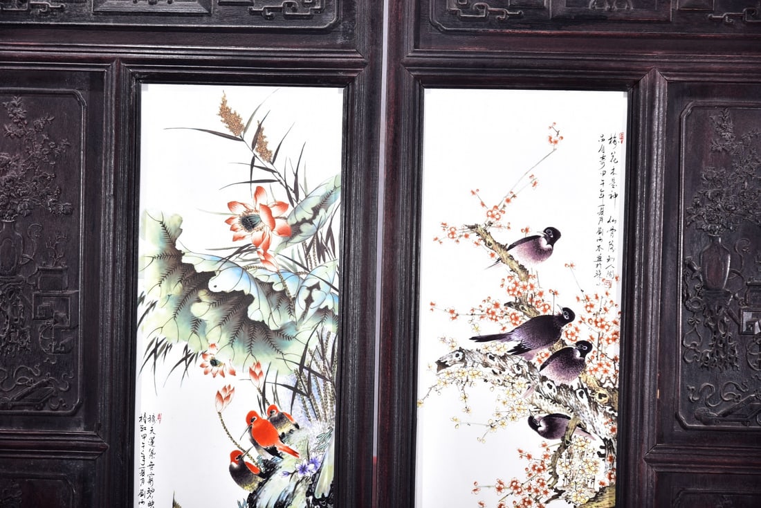 A Set of Exquisite Red wood Famille-Rose Flower and Bird Porcelain Plate Hanging Panel - 3