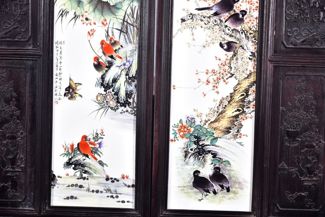 A Set of Exquisite Red wood Famille-Rose Flower and Bird Porcelain Plate Hanging Panel - 4