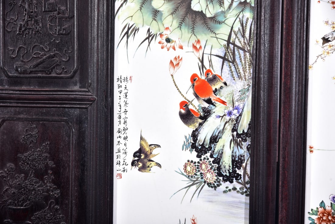 A Set of Exquisite Red wood Famille-Rose Flower and Bird Porcelain Plate Hanging Panel - 5