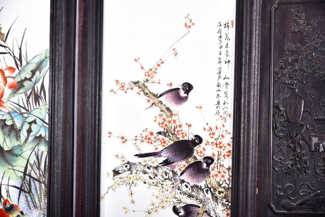 A Set of Exquisite Red wood Famille-Rose Flower and Bird Porcelain Plate Hanging Panel - 6