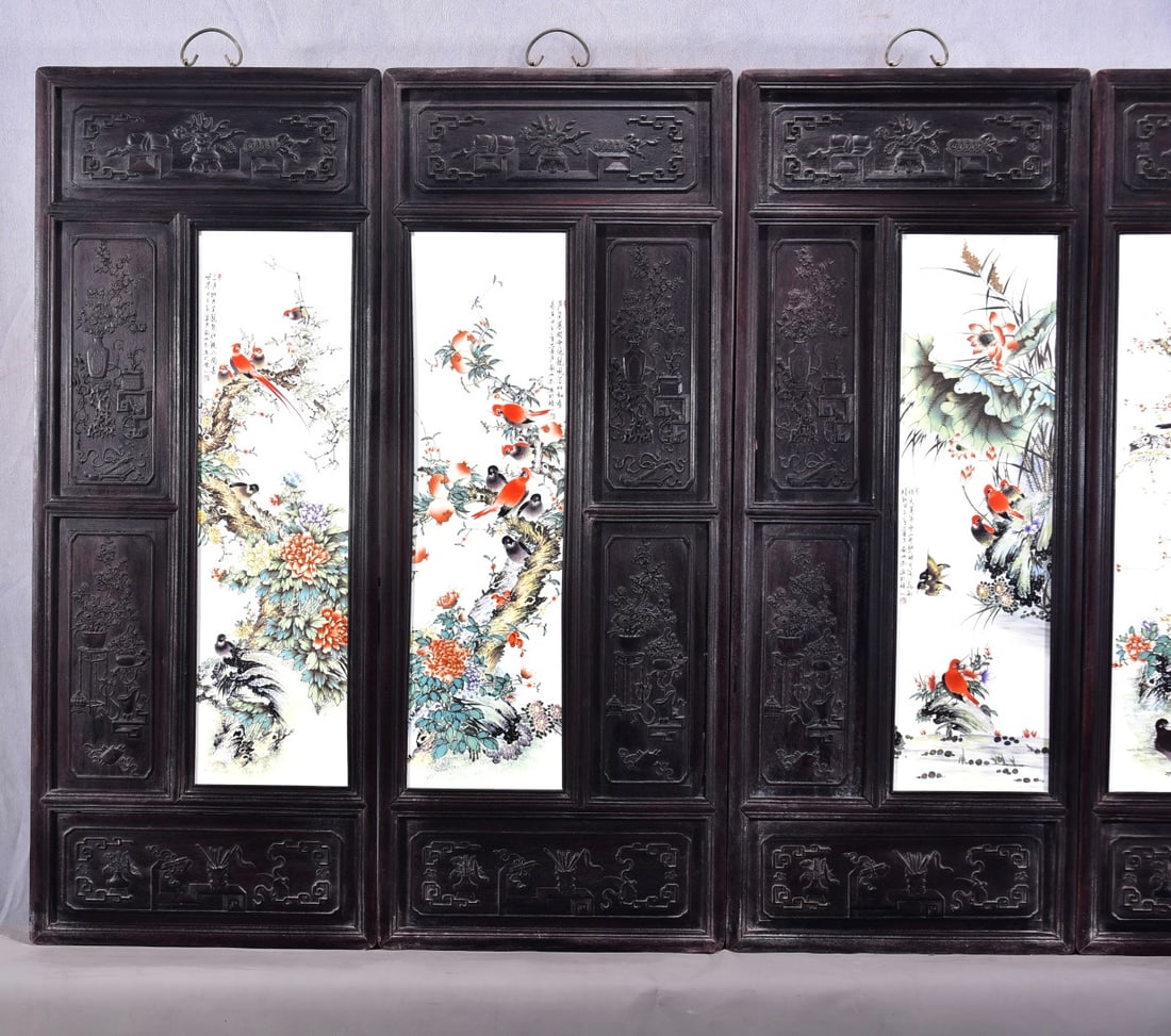 A Set of Exquisite Red wood Famille-Rose Flower and Bird Porcelain Plate Hanging Panel - 8
