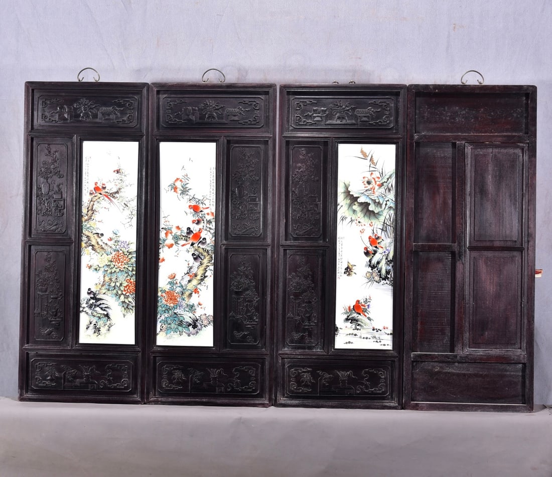 A Set of Exquisite Red wood Famille-Rose Flower and Bird Porcelain Plate Hanging Panel - 9