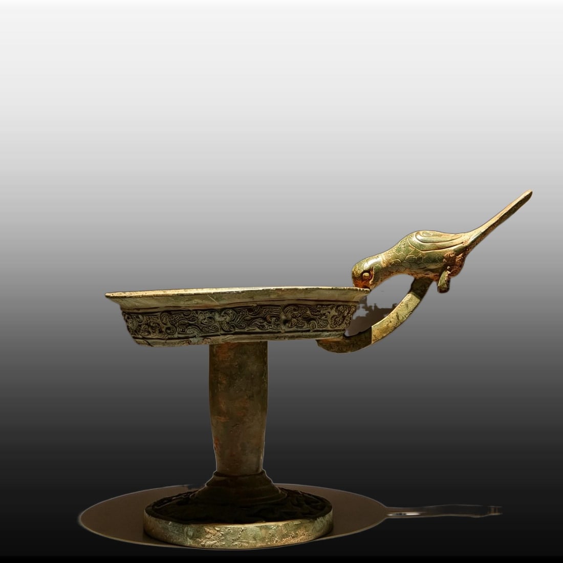 A Exquisite Bronze Bird-handle Candlestick: A Exquisite Bronze Bird-handle Candlestick,Han Dynasty, China,Size:9.4inx12.2inx7.5in 青铜鸟柄灯台,中国汉代
