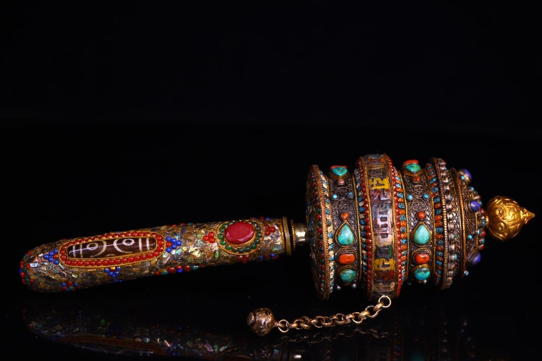 A Exquisite Gilt Silver Cloisonne Inlaid Gems Prayer Wheel: A Exquisite Gilt Silver Cloisonne Inlaid Gems Prayer Wheel,Qing Dynasty, China,Size:13.4inx3.5in,Weight:650g 银鎏金掐丝镶嵌宝石转经